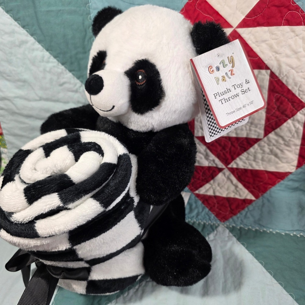 Cozy Palz Plush Toy & Throw Set Kids Black White Checkered Panda Bear NEW